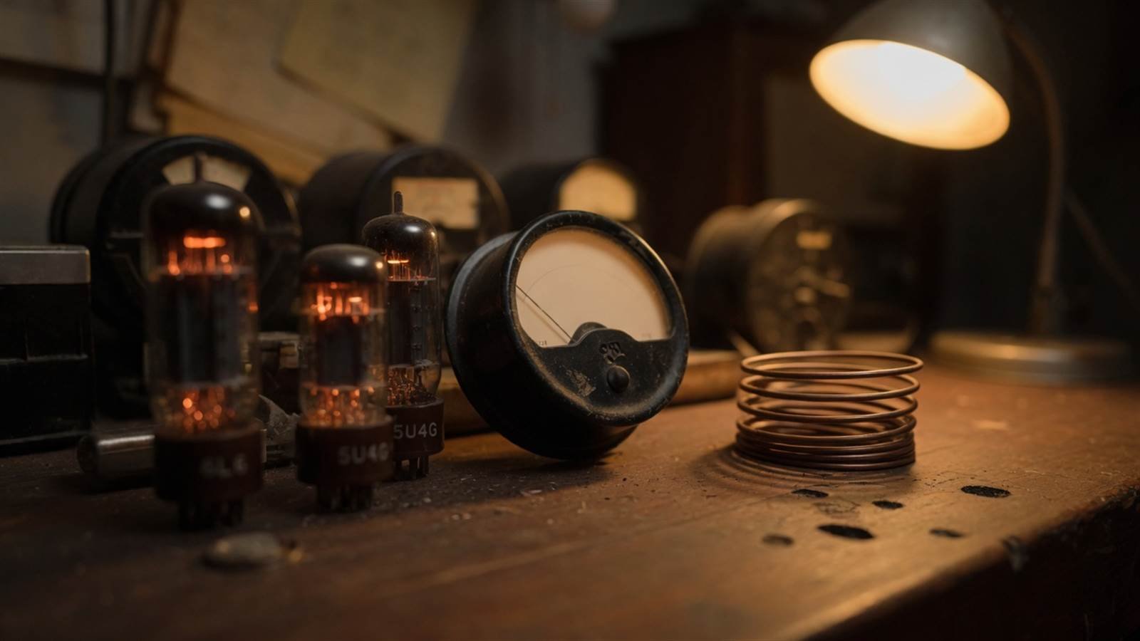 A single amber indicator lamp glowing on a dark workbench.