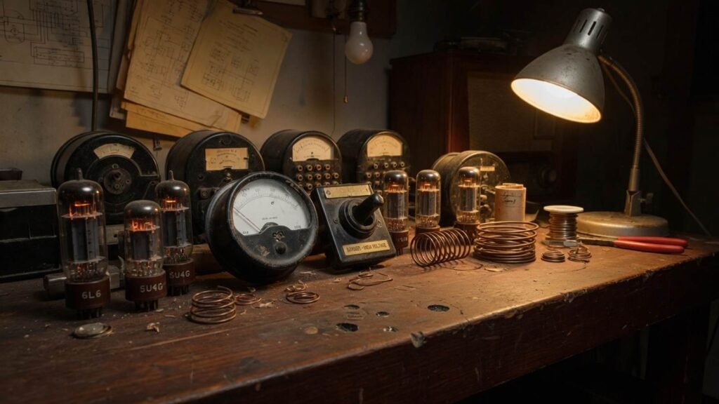 A dark wooden workbench at night, lit by one warm lamp, with vacuum tubes and an analog meter.