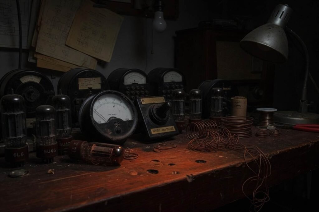 A dark workbench with a vacuum tube lying on its side and a loose copper coil.